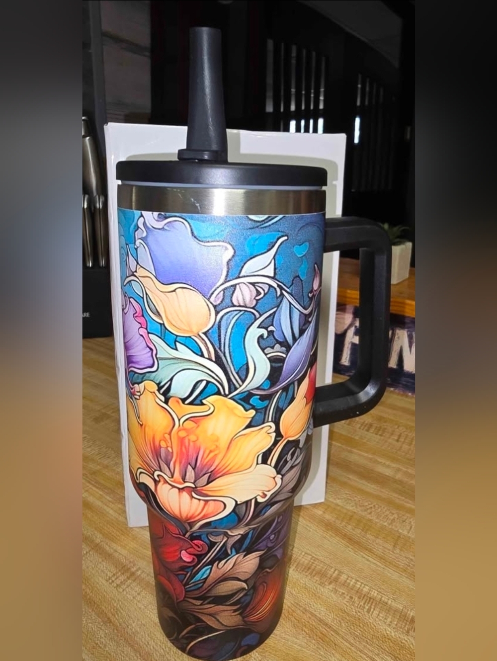 Floral Art Travel Mug - Vibrant Multicolor Design 40 Oz NEW